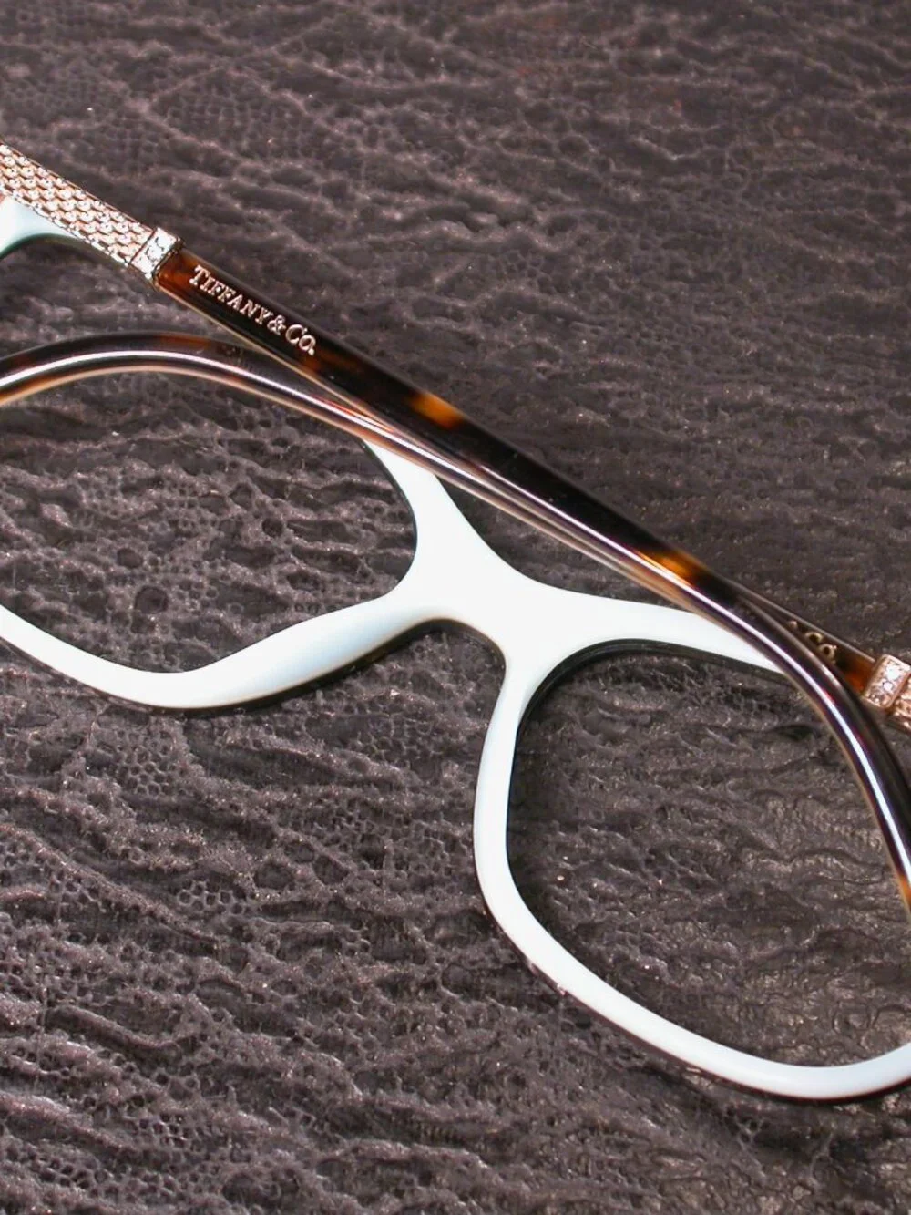 Tiffany & Co. Gold Ornate Tortoise Blue Eyeglasses Made in Italy